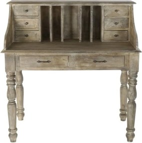 Birou secrétaire vintage în stil French Provincial din lemn de mango, gri, cu 8 sertare și compartimente, 109 x 108 x 60 cm, „Voltaire”