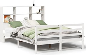 vidaXL Pat cu bibliotecă fără saltea, alb, 140x190 cm, lemn masiv pin