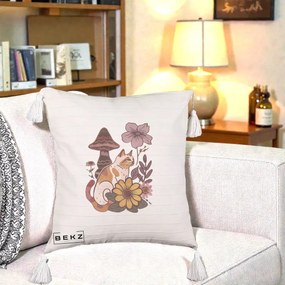 Perna Decorativa Pisica Vintage Florala Boho, 40x40 cm, Bej cu Franjuri, Husa Detasabila, Perna Inclusa, BEKZ®
