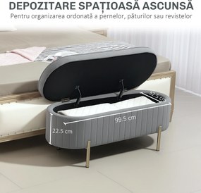 HOMCOM Bancă de Depozitare pentru Intrare Ovală 72L cu Design Scanalat, Capac Ridicabil și Șezut Capitonat, Bancă de la Capătul Patului Pouf în Catifea și Picioare de Lemn de Pin, 108x44x43.5 cm, Gri | Aosom Romania