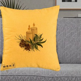 Perna Decorativa Lumanari cu Ilex si Conuri Ilustratie, 40x40 cm, Galben, Husa Detasabila, Perna Inclusa, BEKZ®