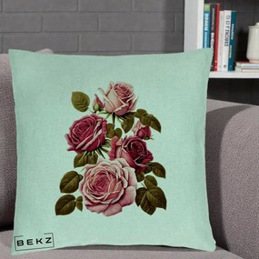 Perna Decorativa Trandafiri Vintage Roz-Rosii, 40x40 cm, Verde Menta, Husa Detasabila, Perna Inclusa, BEKZ®
