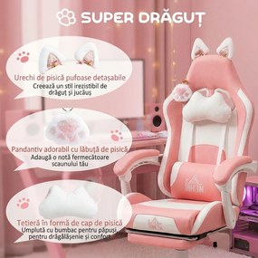 HOMCOM Scaun de Gaming Ergonomic cu Urechi de Pisică, Suport pentru Picioare și Suport Lombar, 65x62x116-124 cm, Roz | Aosom Romania
