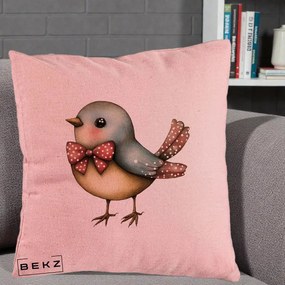 Perna Decorativa Pasare Bleu cu Fundita Rosie, 40x40 cm, Roz, Husa Detasabila, Perna Inclusa, BEKZ®