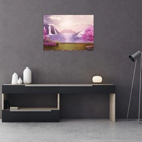 Tablou pe sticlă cu pomi roz cu lac (70x50 cm)