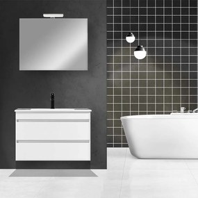 Mobilier de baie Cube 80 cm cu lavoar ceramic (2 sertare) și oglindă 60x80 cm vopsit în alb lucios