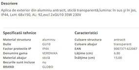 Aplica exterior ambientala moderna lumina sus / jos IP44 VERONIKA