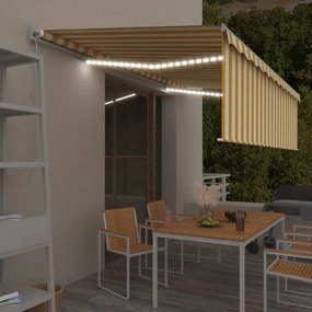 vidaXL Copertină retractabilă manual cu stor&amp;LED, galben&amp;alb, 5x3 m