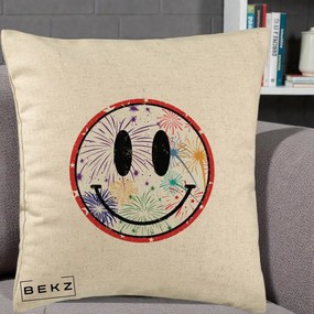 Perna Decorativa Smiley Face cu Artificii Multicolore, 40x40 cm, Bej, Husa Detasabila, Perna Inclusa, BEKZ®
