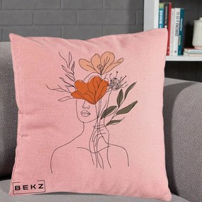 Perna Decorativa Portret Feminin Coroana Florala, 40x40 cm, Roz, Husa Detasabila, Perna Inclusa, BEKZ®