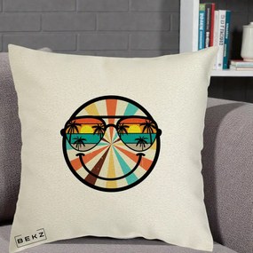 Perna Decorativa Smiley Face Retro Sunset Palmieri, 40x40 cm, Ecru, Husa Detasabila, Perna Inclusa, BEKZ®