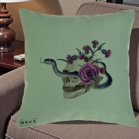 Perna Decorativa Craniu cu Sarpe si Trandafiri Gothic, 40x40 cm, Verde, Husa Detasabila, Perna Inclusa, BEKZ®
