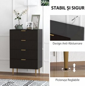 HOMCOM Comodă Modernă cu 4 Sertare și Mânere Aurii, Negru | Aosom Romania
