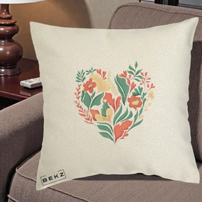 Perna Decorativa Inima Florala Botanica, 40x40 cm, Ecru, Husa Detasabila, Perna Inclusa, BEKZ®