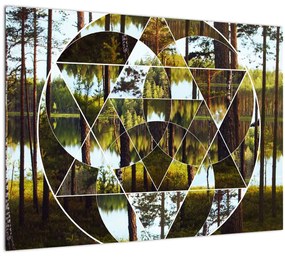 Tablou pe sticlă - Colaj geometric pe fundalul pădurilor nordice (70x50 cm)