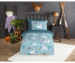 Lenjerie de pat pentru copii albastră din flanelă pentru pat de o persoană, extinsă 140x220 cm Snowycorn – Good Morning