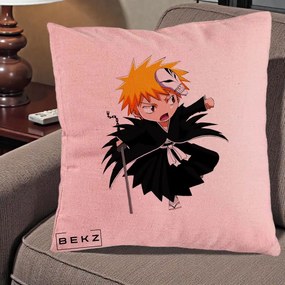 Perna Personalizata Bleach Ichigo Chibi cu Masca, 40x40 cm, Roz, Husa Detasabila, Perna Inclusa, BEKZ®