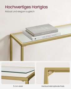 Consola, Vasagle, 100x20x80 cm, sticla temperata/otel, auriu