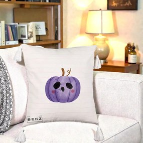Perna Decorativa Dovleac Halloween Mov Kawaii, 40x40 cm, Bej cu Franjuri, Husa Detasabila, Perna Inclusa, BEKZ®