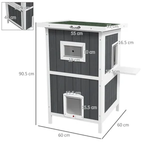 PawHut Casă Exterior Pisici din Lemn, 2 Niveluri, Bază Detașabilă, Uși Evacuare, Acoperiș Asfalt, 60x60x90.5 cm, Gri | Aosom Romania