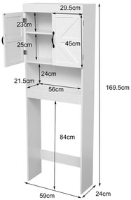 Dulap de depozitare deasupra toaletei, suport de depozitare vertical pentru toaletă, cu 2 uși, alb