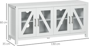 HOMCOM Comodă TV pentru living masă pentru televizoare de până la 147,3 cm cu 4 uși din sticlă, rafturi reglabile 130x35x60 cm Alb | Aosom Romania