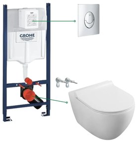 Set vas wc rimless cu capac soft close Fluminia Minerva, rezervor incastrat si clapeta crom Skate Air Grohe