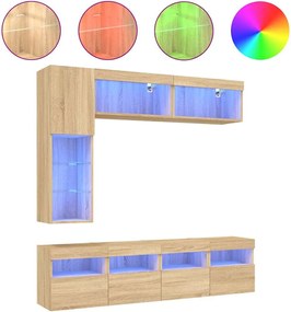 vidaXL Comode TV de perete cu lumini LED, 7 piese, stejar sonoma