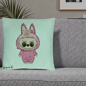 Perna Personalizata Labubu Roz cu Coroana Florala, 40x40 cm, Verde Menta, Husa Detasabila, Perna Inclusa, BEKZ®