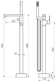 Baterie pentru cada freestanding cu montaj pe pardoseala, alama, crom