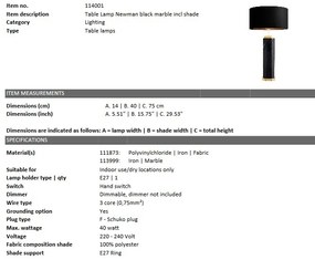 Veioza design elegant LUX Newman, marmura neagra 114001 HZ