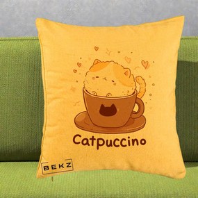 Perna Decorativa Catpuccino Pisica Cappuccino, 40x40 cm, Galben, Husa Detasabila, Perna Inclusa, BEKZ®