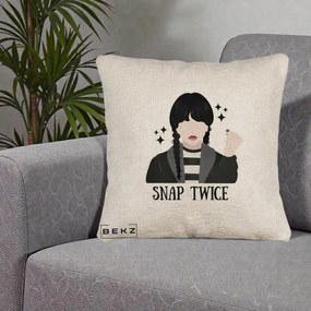 Perna Personalizata Wednesday Snap Twice, 40x40 cm, Bej Canapea, Husa Detasabila, Perna Inclusa, BEKZ®