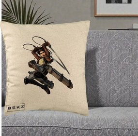 Perna Personalizata Attack on Titan Eren Yeager Lupta, 40x40 cm, Bej, Husa Detasabila, Perna Inclusa, BEKZ®