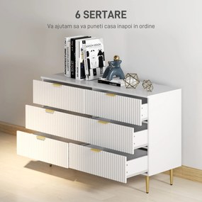 HOMCOM Comodă 6 sertare comodă cameră mobilier de depozitare modernă cu mânere și picioare aurii, 120 x 40 x 76,5 cm, alb | Aosom Romania
