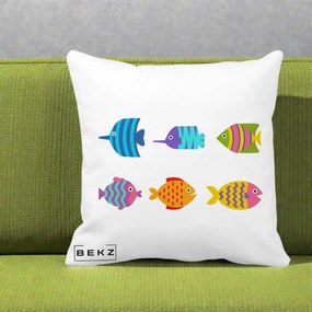 Perna Decorativa Pesti Colorati Cartoon, 40x40 cm, Alba Mata, Husa Detasabila, Perna Inclusa, BEKZ®