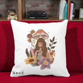Perna Decorativa Fata Ciuperca Boho Florala, 40x40 cm, Alba Mata, Husa Detasabila, Perna Inclusa, BEKZ®