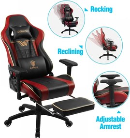 RESIGILAT- DOWINX Scaun gaming, ergonomic, pernă lombară cu masaj, suport pentru picioare, piele PU matlasata, respirabila, cotiere 4D, rezistent 150 kg, Negru/Rosu