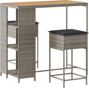 vidaXL Set mobilier bar de grădină, cu perne, 3 piese, gri, poliratan