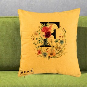 Cadou Personalizat - Perna Personalizata Monogram Litera F cu Flori Acuarela, 40x40 cm, Galben, Husa Detasabila, Perna Inclusa, BEKZ®