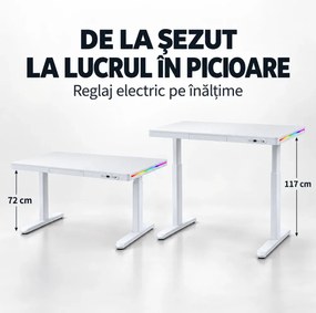 Birou Gaming Electric, Reglabil pe Înălțime 72–117 cm, 2 motoare, iluminare RGB cu telecomandă, încărcare wireless, memorie 2 poziții, sertar integrat, 160× 60 cm, Alb