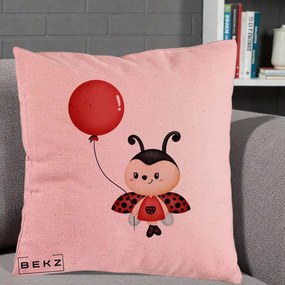 Perna Decorativa Buburuza cu Balon Rosu, 40x40 cm, Roz, Husa Detasabila, Perna Inclusa, BEKZ®