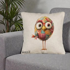 Perna Decorativa Pasare Patchwork cu Gene Lungi, 40x40 cm, Bej Canapea, Husa Detasabila, Perna Inclusa, BEKZ®