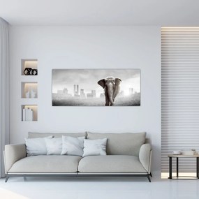 Tablou - Elefanți în oraș, versiunea alb-negru (120x50 cm)