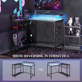 HOMCOM Birou de Gaming în Formă de L cu Lumini LED, Birou de Colț Reversibil cu Rafturi de Depozitare, 107x80x90 cm, Negru | Aosom Romania