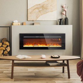 HOMCOM Șemineu Electric Încastrabil cu Telecomandă, Flacără Reglabilă, Temporizator și Termostat, 127x15,8x45 cm, Negru | Aosom Romania