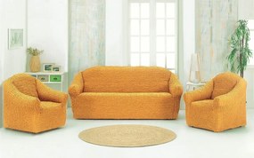 Set huse elastice si creponate pentru canapea 3 locuri si 2 fotolii, fara volanas, culoare Mustar deschis