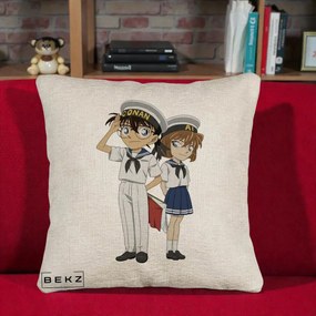 Perna Personalizata Detective Conan Conan si Ai Sailor, 40x40 cm, Bej Canapea, Husa Detasabila, Perna Inclusa, BEKZ®