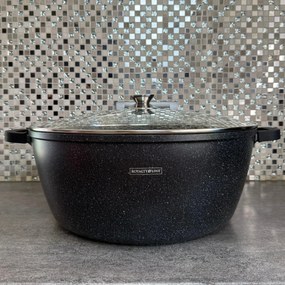 Oala mare, 23,4 litri, 44 cm tip cratita marmorata antiaderenta, cu capac, pentru zacusca, bulion, gemuri, cu protectie manere din silicon Royalty