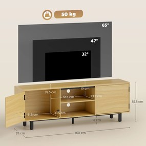 HOMCOM Comodă TV, mobilier TV până la 165 cm, 2 uși cu deschidere prin apăsare și 2 rafturi, 160x35x55,5cm, lemn natural | Aosom Romania